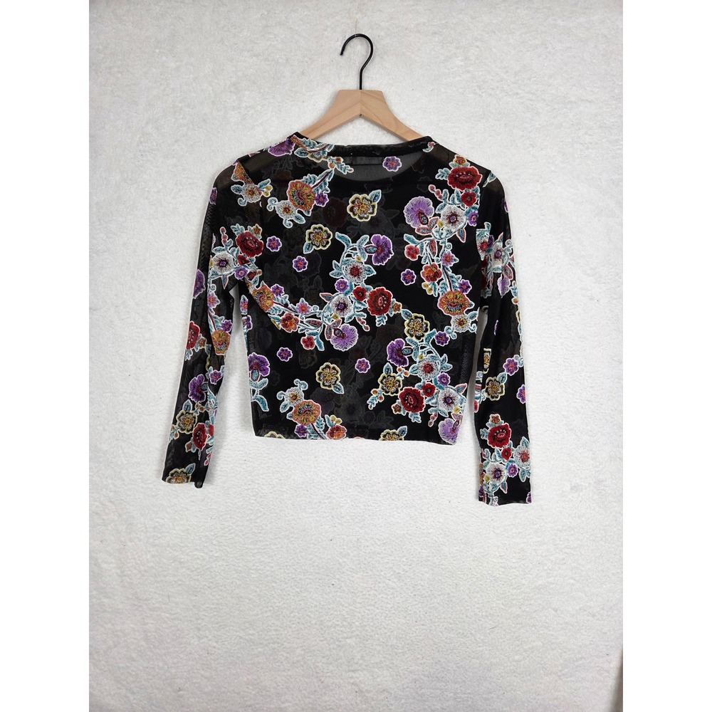 Womens Black Fairy Grunge Whimsigoth Floral Sheer Mesh Long Sleeve Crop Top Sz M - Picture 4 of 6